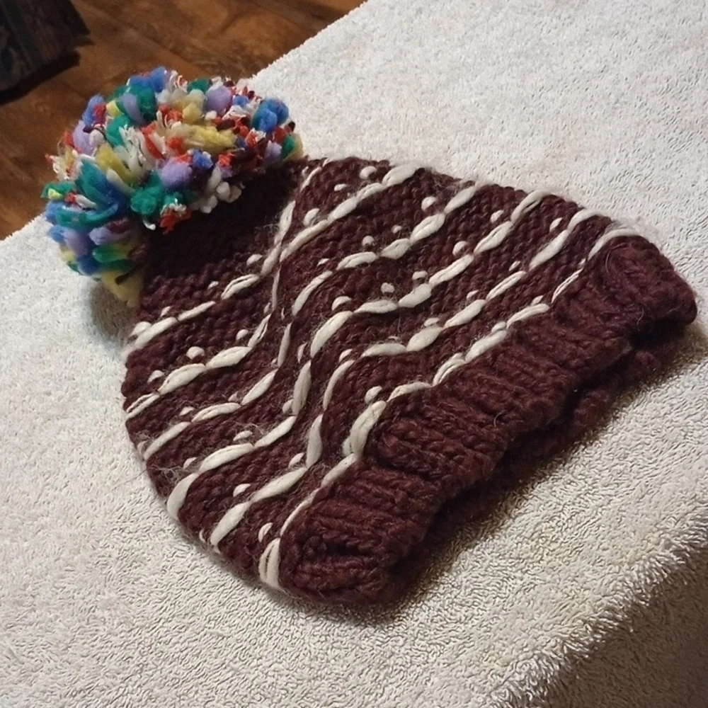 Aerie Kids' Brown and White Striped Beanie with Colorful Pom-Pom